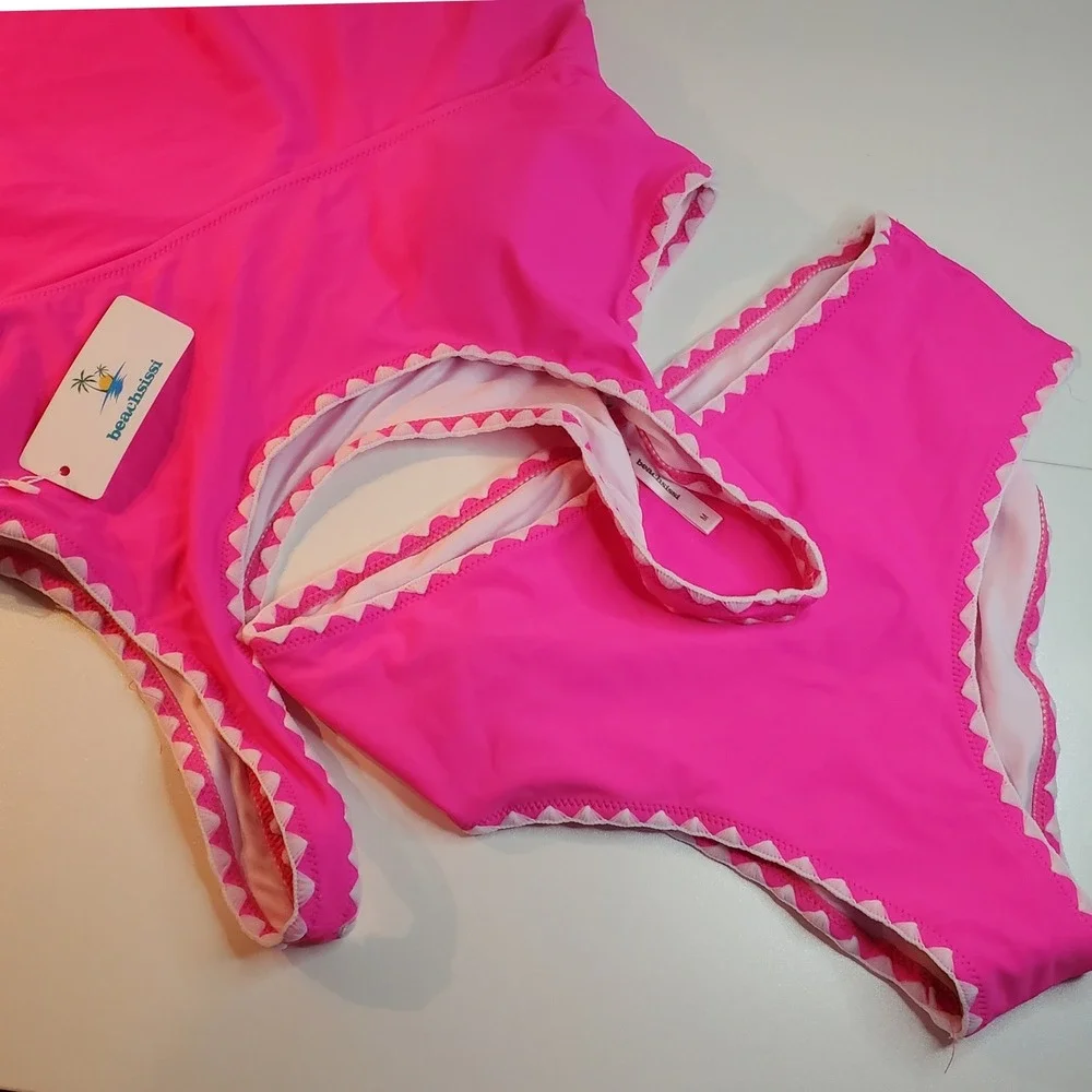 Hot Pink Ric Rac Trim Peplum Tankini Swimsuit Set Medium NWT